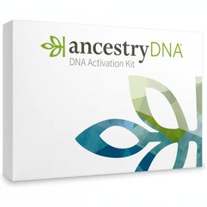 An AncestryDNA kit for activating a DNA test, featuring the brand's logo and a leaf design, is shown on the packaging.