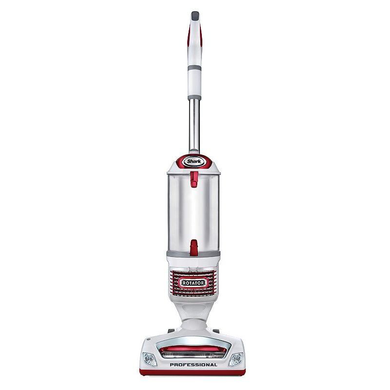 A Shark Rotator Professional vacuum cleaner with a sleek white and red design, featuring a lift-away pod and a clear dust container.