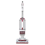 A Shark Rotator Professional vacuum cleaner with a sleek white and red design, featuring a lift-away pod and a clear dust container.