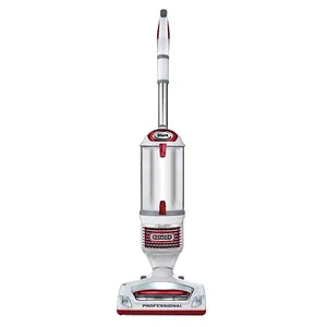A Shark Rotator Professional vacuum cleaner with a sleek white and red design, featuring a lift-away pod and a clear dust container.