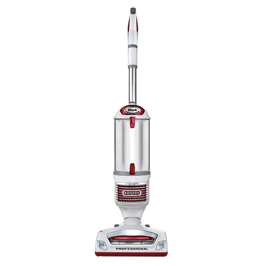 A Shark Rotator Professional vacuum cleaner with a sleek white and red design, featuring a lift-away pod and a clear dust container.