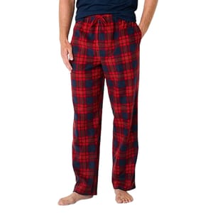 Red and black plaid microfleece pajama pants with a relaxed fit, featuring an elastic waistband and a drawstring.