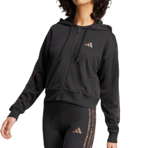 A black Adidas full-zip hoodie featuring the Adidas logo on the chest and patterned stripes on the sleeves, paired with matching black leggings showcasing the same logo and stripe design on the side.