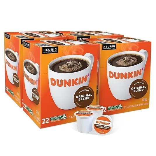 Dunkin' Original Blend Medium Roast Coffee K-Cup Pods for Keurig machines, with recyclable pods, are packaged in boxes containing 22 pods each.