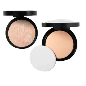 Two open compacts, one with marbled powder and the other with solid beige powder, featuring black bases and white lids.