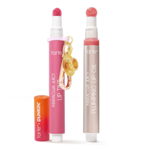 Tarte x Dunkin' Maracuja Juicy Lip Tint and Plumping Lip Oil, featuring squeeze applicators and a donut-themed keychain charm.