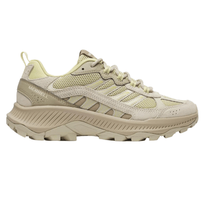 Merrell hiking shoe in beige with mesh panels, sturdy sole, and lace-up design. Suitable for outdoor activities and providing a mix of comfort and durability.