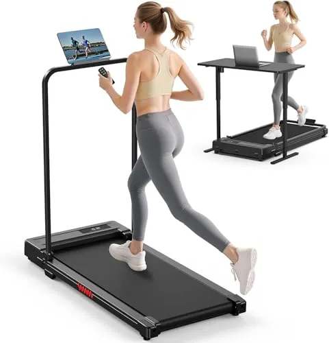 A foldable treadmill with a detachable handlebar, shown in use as both a running machine and a walking desk, where a woman runs with a remote and another works on a laptop.