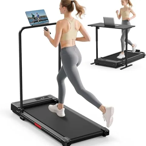 A foldable treadmill with a detachable handlebar, shown in use as both a running machine and a walking desk, where a woman runs with a remote and another works on a laptop.