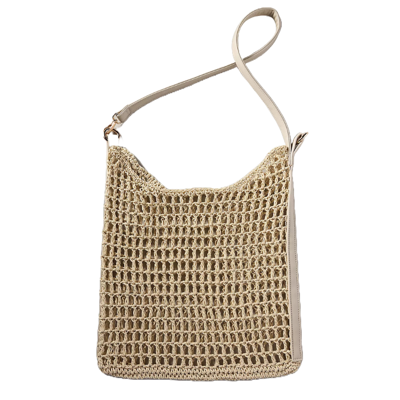 A beige crocheted shoulder bag with a long strap and an open, airy weave design.