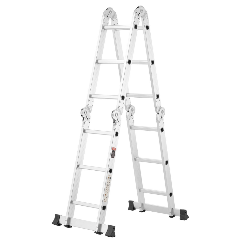 A multi-position aluminum ladder with hinges for adjustable height and configuration, featuring slip-resistant feet and several rungs for versatile use.
