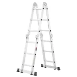 A multi-position aluminum ladder with hinges for adjustable height and configuration, featuring slip-resistant feet and several rungs for versatile use.
