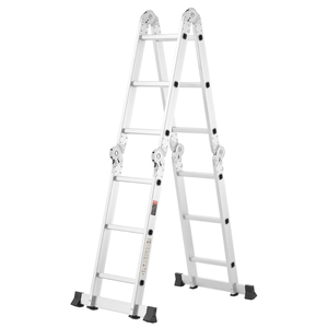 A multi-position aluminum ladder with hinges for adjustable height and configuration, featuring slip-resistant feet and several rungs for versatile use.