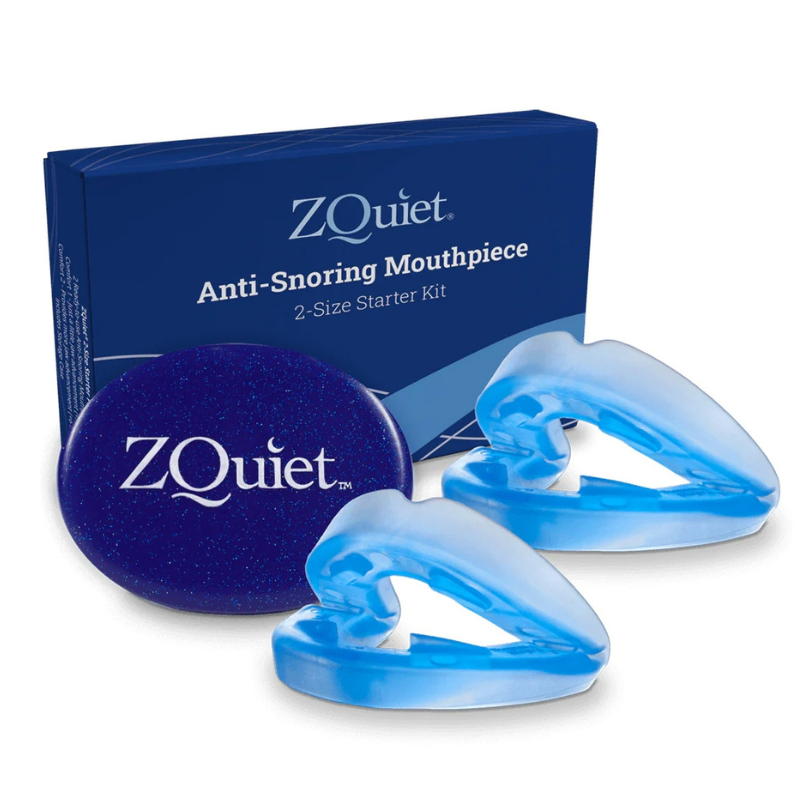ZQuiet Anti-Snoring Mouthpiece 2-Size Starter Kit includes two blue mouthpieces and a storage case.