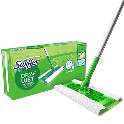 Swiffer Dry+Wet Sweeping Kit includes a mop handle and pads designed for both dry and wet cleaning, featuring a green and white color scheme.