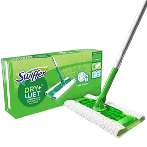 Swiffer Dry+Wet Sweeping Kit includes a mop handle and pads designed for both dry and wet cleaning, featuring a green and white color scheme.