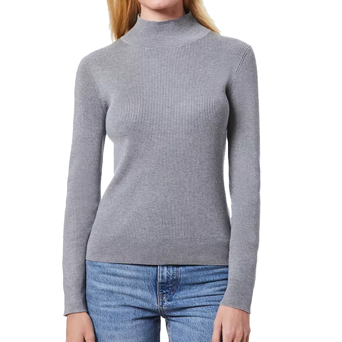 A gray, ribbed, long-sleeve mock-neck sweater paired with blue jeans. The sweater offers a fitted silhouette with a simple, elegant design.