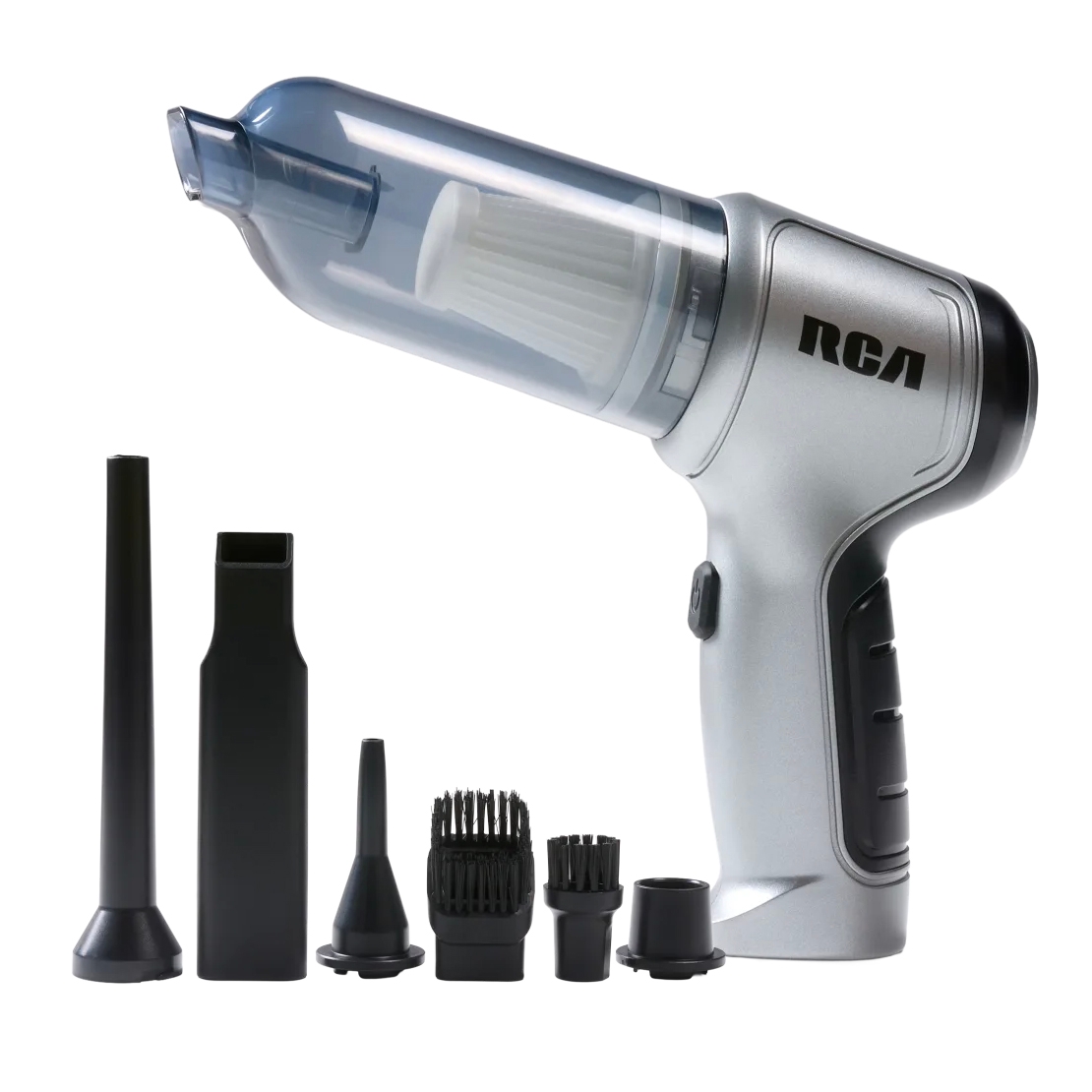 Handheld vacuum cleaner with multiple attachments, including a crevice tool, brush, and nozzle, designed for versatile cleaning applications.