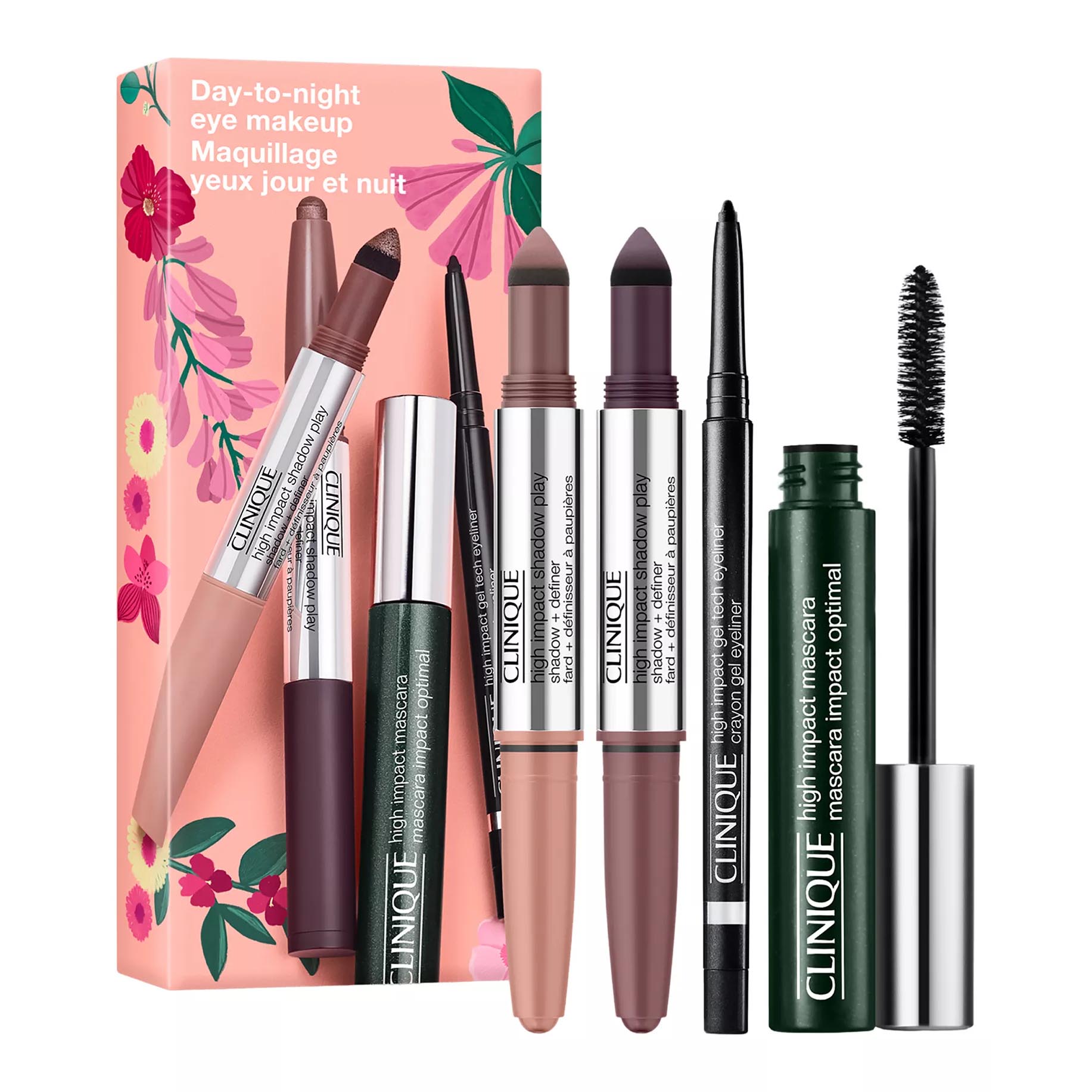 Clinique Day-to-Night Eye Makeup Set includes two shadow wands, an eyeliner, and High Impact Mascara. The set is packaged in a pink floral box.
