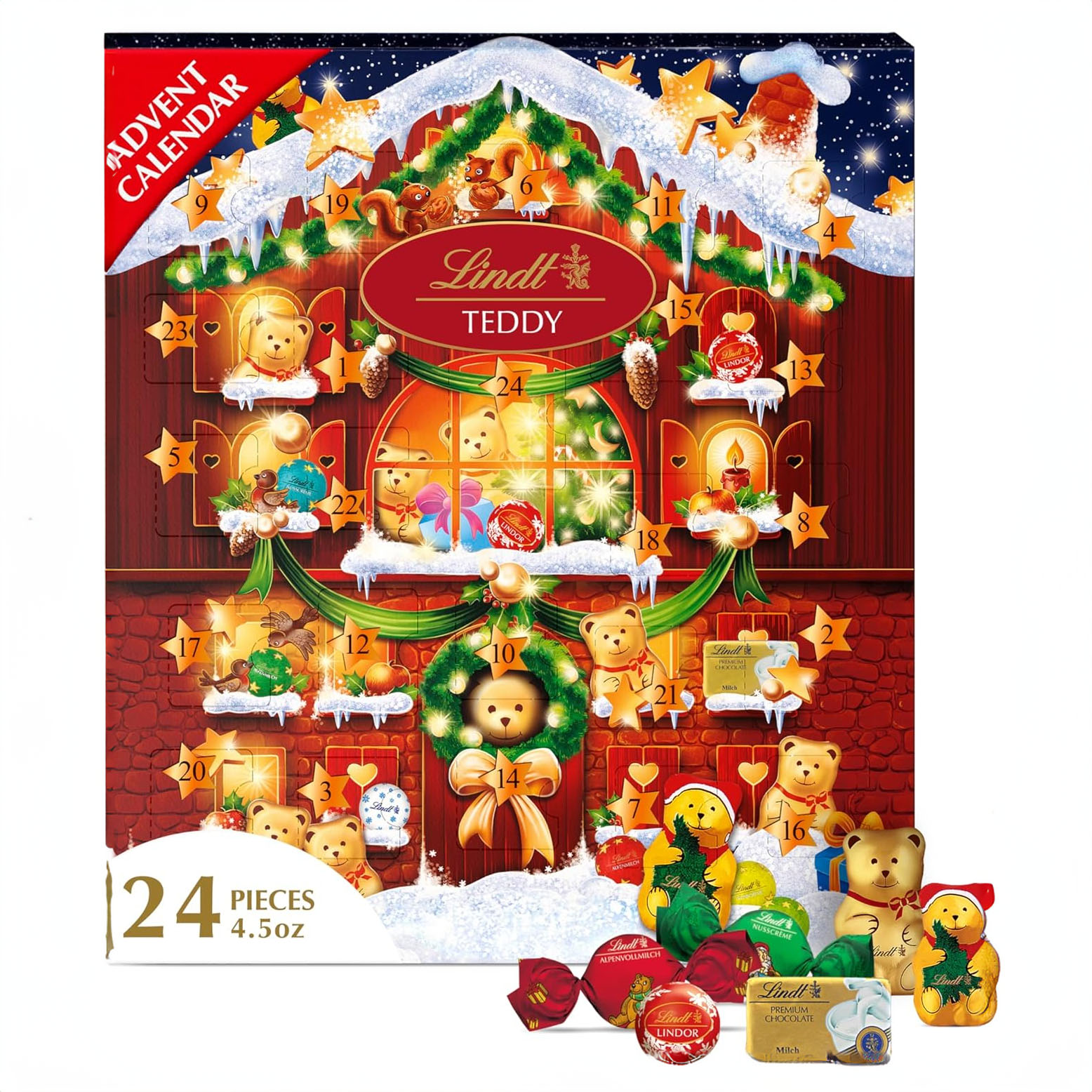 A Lindt Teddy Advent Calendar with 24 numbered windows, behind which are assorted chocolates, illustrated with festive teddy bear imagery.
