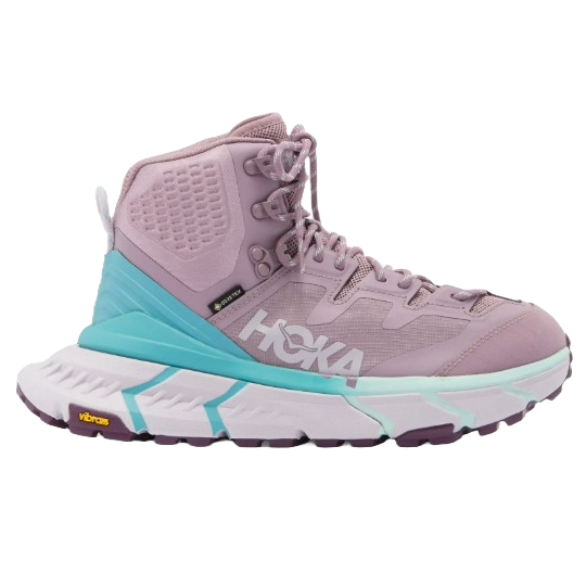 Hoka hiking boot featuring a mid-cut design, pastel hues including lilac and teal accents, with a Vibram sole for traction and support.