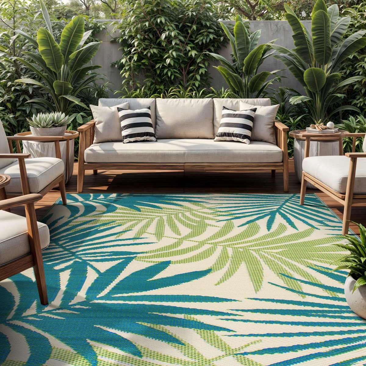 Outdoor patio setup with a wooden sofa, armchairs, white cushions, striped pillows, and a tropical-patterned rug. Surrounded by lush green plants.