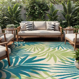Outdoor patio setup with a wooden sofa, armchairs, white cushions, striped pillows, and a tropical-patterned rug. Surrounded by lush green plants.