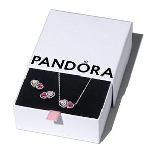 Pandora jewelry set with heart-shaped earrings and a necklace, featuring pink and clear stones, displayed in a branded white box.
