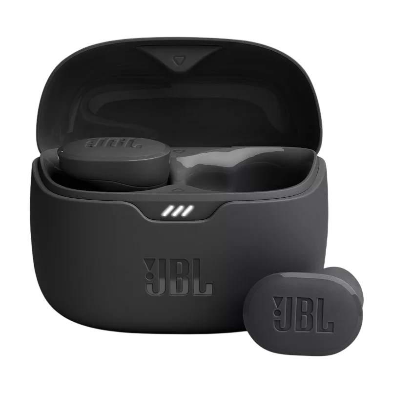 JBL wireless earbuds with a charging case, featuring a sleek black design and JBL logo on both the earbuds and case.