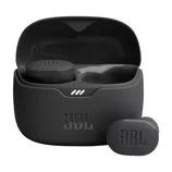 JBL wireless earbuds with a charging case, featuring a sleek black design and JBL logo on both the earbuds and case.