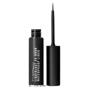 MAC Liquidlast 24-Hour Waterproof Liner, an eyeliner with a precise brush, offers long-lasting wear.