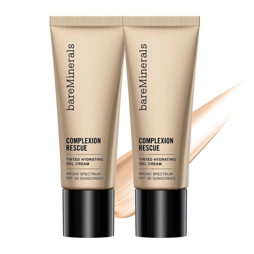 Two tubes of BareMinerals Complexion Rescue tinted hydrating gel cream with SPF 30 sunscreen.