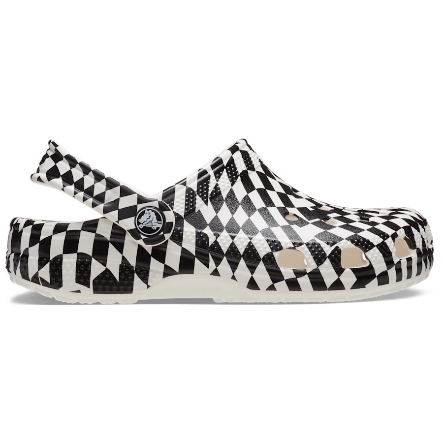 Black and white checkered Crocs clog with ventilation ports and an adjustable heel strap.