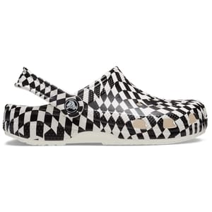 Black and white checkered Crocs clog with ventilation ports and an adjustable heel strap.