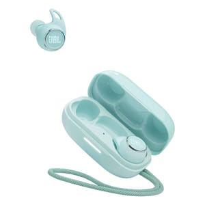 A pair of light blue JBL wireless earbuds with earhooks and a matching charging case with a cord.