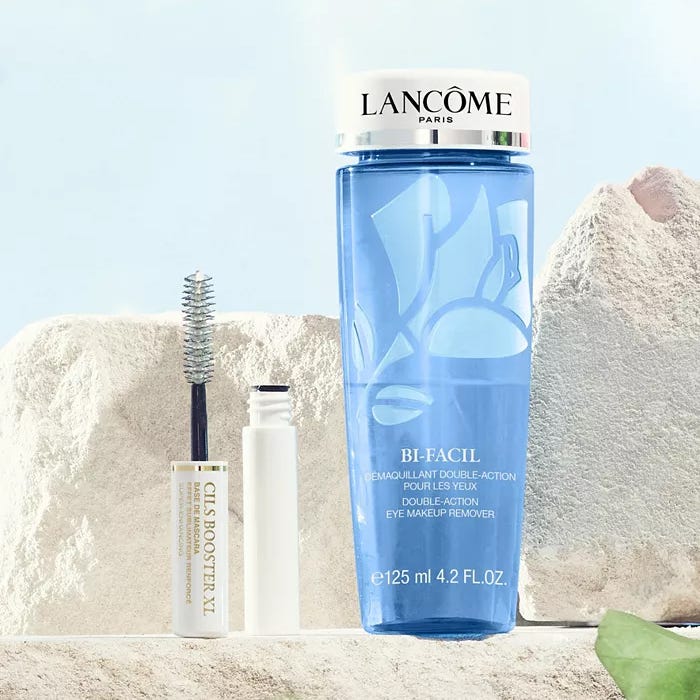 The Lancome 2pc Gift Set includes a 4.2 fl. oz. bottle of Bi-Facil Double-Action Eye Makeup Remover and a tube of Cils Booster XL, an enhancing mascara base.