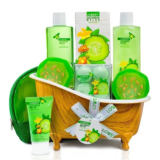 A gift set featuring cucumber melon-themed bath and body products, including shower gel, bubble bath, body lotion, soap bars, bath bombs, and a cosmetic bag, displayed in a decorative wooden tub.