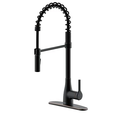 A black spring neck kitchen faucet with a modern design and built-in sprayer, featuring a sturdy coil and single-handle lever for easy operation, set on a rectangular base.