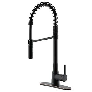 A black spring neck kitchen faucet with a modern design and built-in sprayer, featuring a sturdy coil and single-handle lever for easy operation, set on a rectangular base.