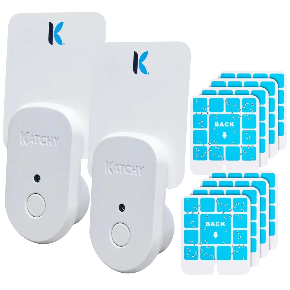 2-pack of white plug-in insect traps with Katchy branding, featuring adhesive pads for capturing insects. Includes multiple blue-backed sticky pads marked \“BACK\“ for replacement.