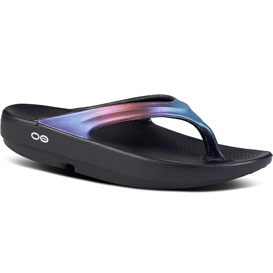 A single black flip-flop with a colorful, iridescent strap.