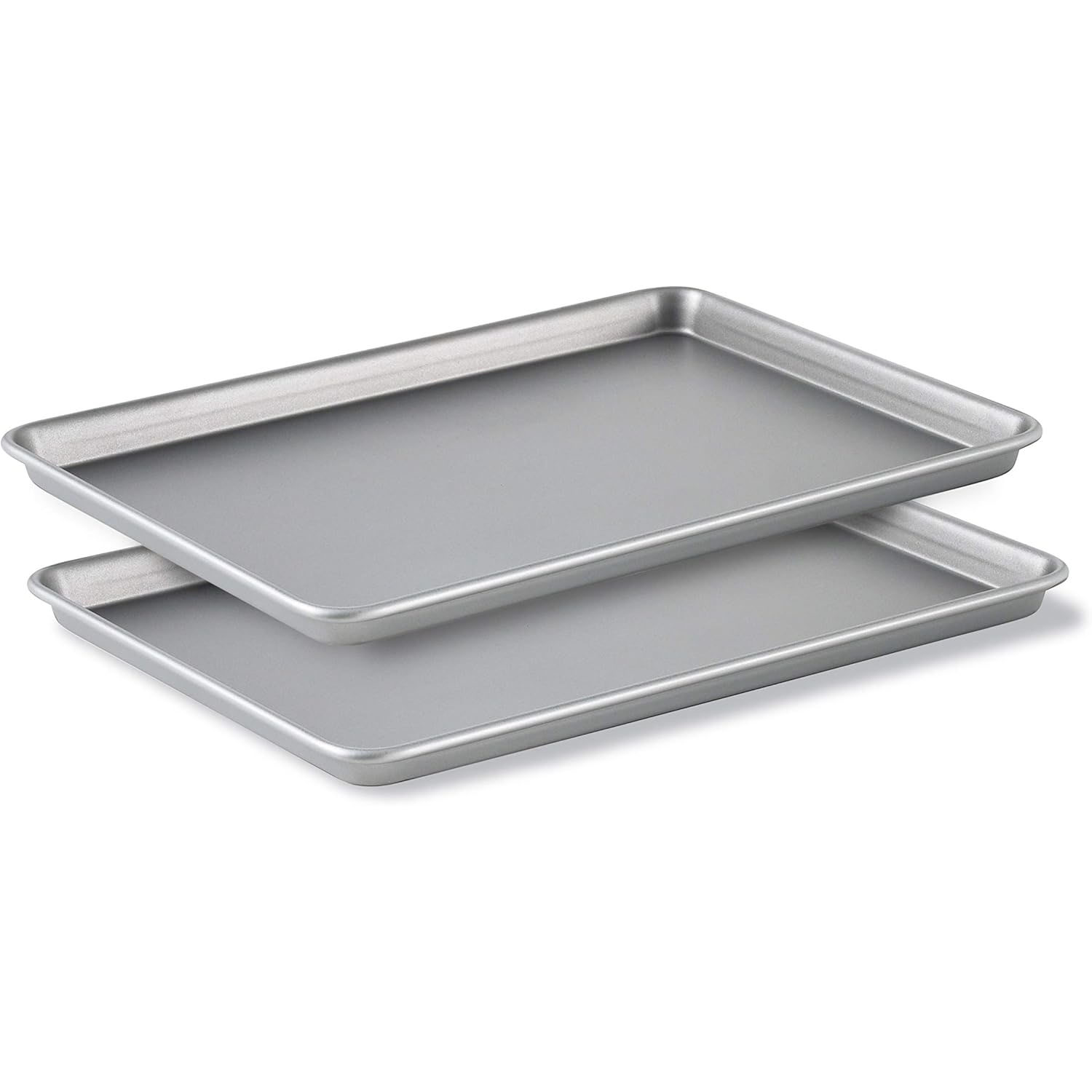 Calphalon Baking Pan Set, featuring two nonstick, durable steel baking sheets with raised edges for easy handling. Ideal for baking cookies, roasting, or other culinary tasks.