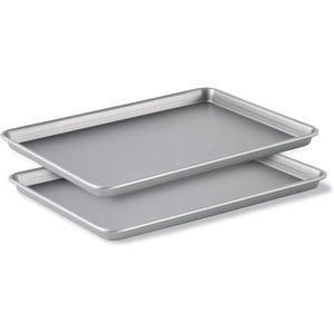 Calphalon Baking Pan Set, featuring two nonstick, durable steel baking sheets with raised edges for easy handling. Ideal for baking cookies, roasting, or other culinary tasks.