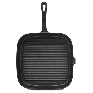 Square cast iron grill pan with raised ridges and a handle featuring a hanging hole, suitable for indoor grilling and searing.