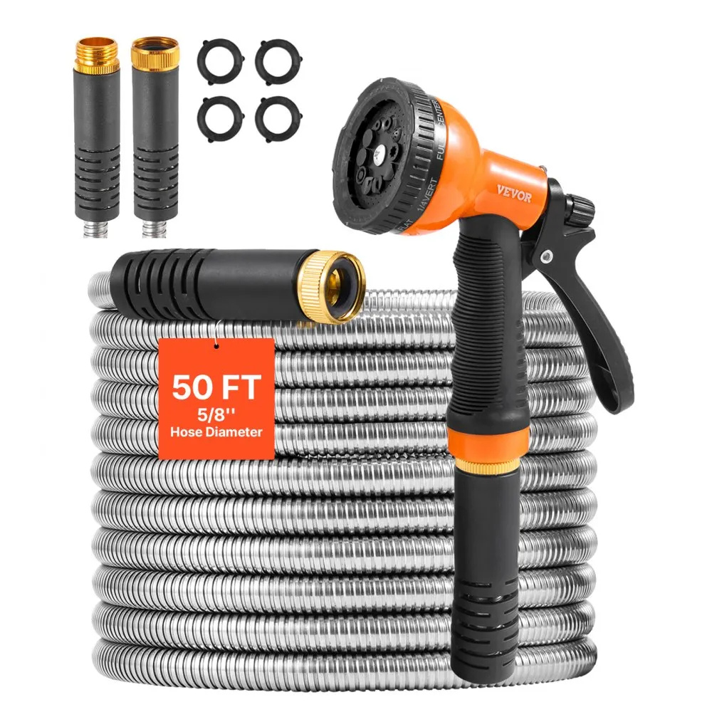 A 50-foot, 5/8-inch diameter stainless steel garden hose with a multi-spray nozzle, two connectors, and four rubber washers.