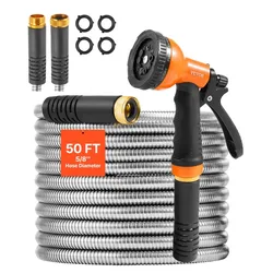 A 50-foot, 5/8-inch diameter stainless steel garden hose with a multi-spray nozzle, two connectors, and four rubber washers.
