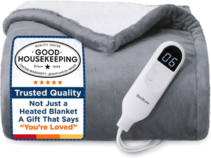 Heated blanket with remote control, featuring a \“Good Housekeeping\“ quality seal and the phrase \“Not Just a Heated Blanket, A Gift That Says 'You're Loved'.\“