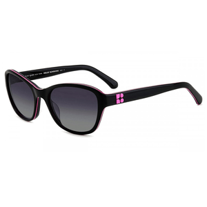 Kate Spade polarized sunglasses with black frames, pink accents, and gradient lenses. The temples feature a pink logo design.