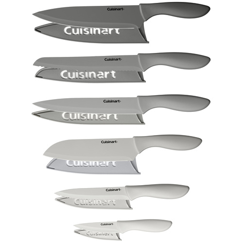 Six pairs of Cuisinart knives with matching blade covers, featuring a variety of sizes and edge styles for different cutting tasks.