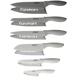 Six pairs of Cuisinart knives with matching blade covers, featuring a variety of sizes and edge styles for different cutting tasks.
